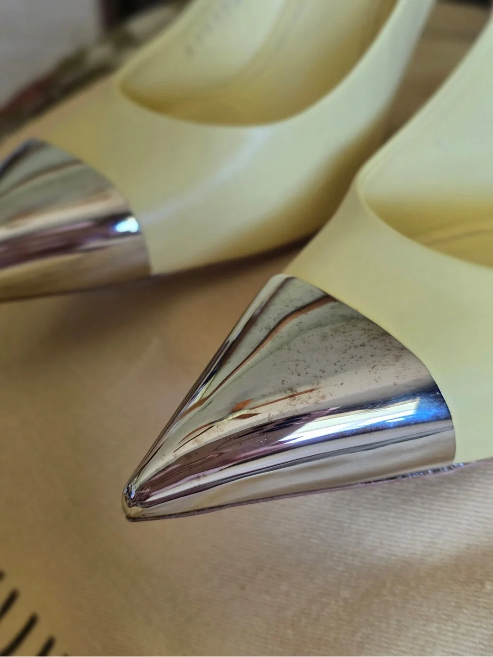 Louis Vuitton Pale Yellow Leather Pumps with Silver Pointed Toe